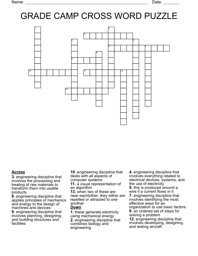 GRADE CAMP CROSS WORD PUZZLE