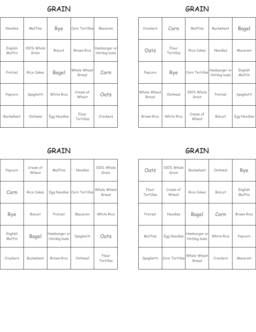 GRAIN Bingo Cards