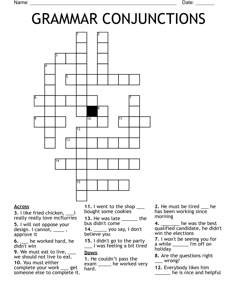 GRAMMAR CONJUNCTIONS Crossword
