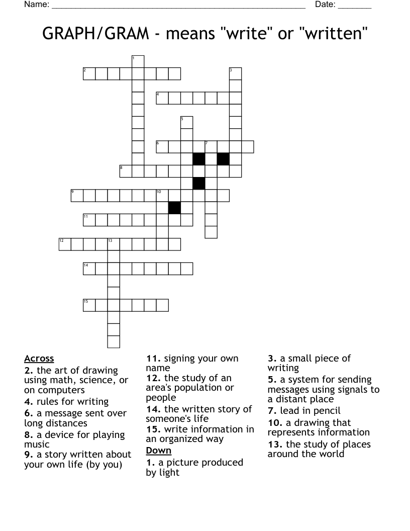 GRAPH/GRAM - means "write" or "written" Crossword