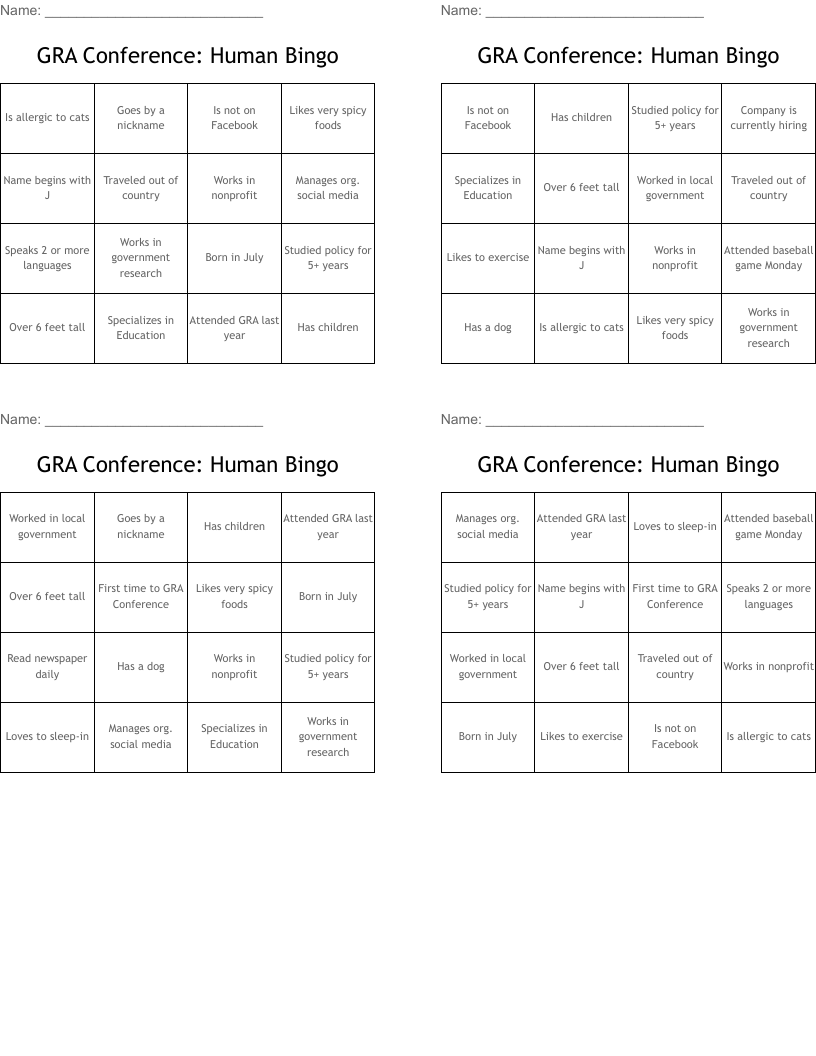 GRA Conference: Human Bingo