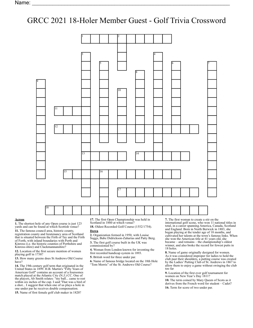 GRCC 2021 18-Holer Member Guest  - Golf Trivia Crossword