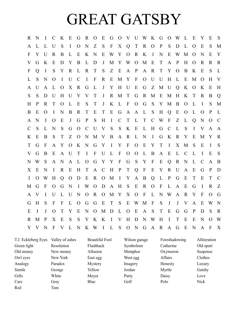 GREAT GATSBY Word Search