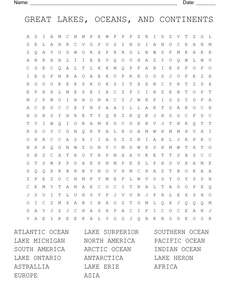 GREAT LAKES, OCEANS, AND CONTINENTS Word Search
