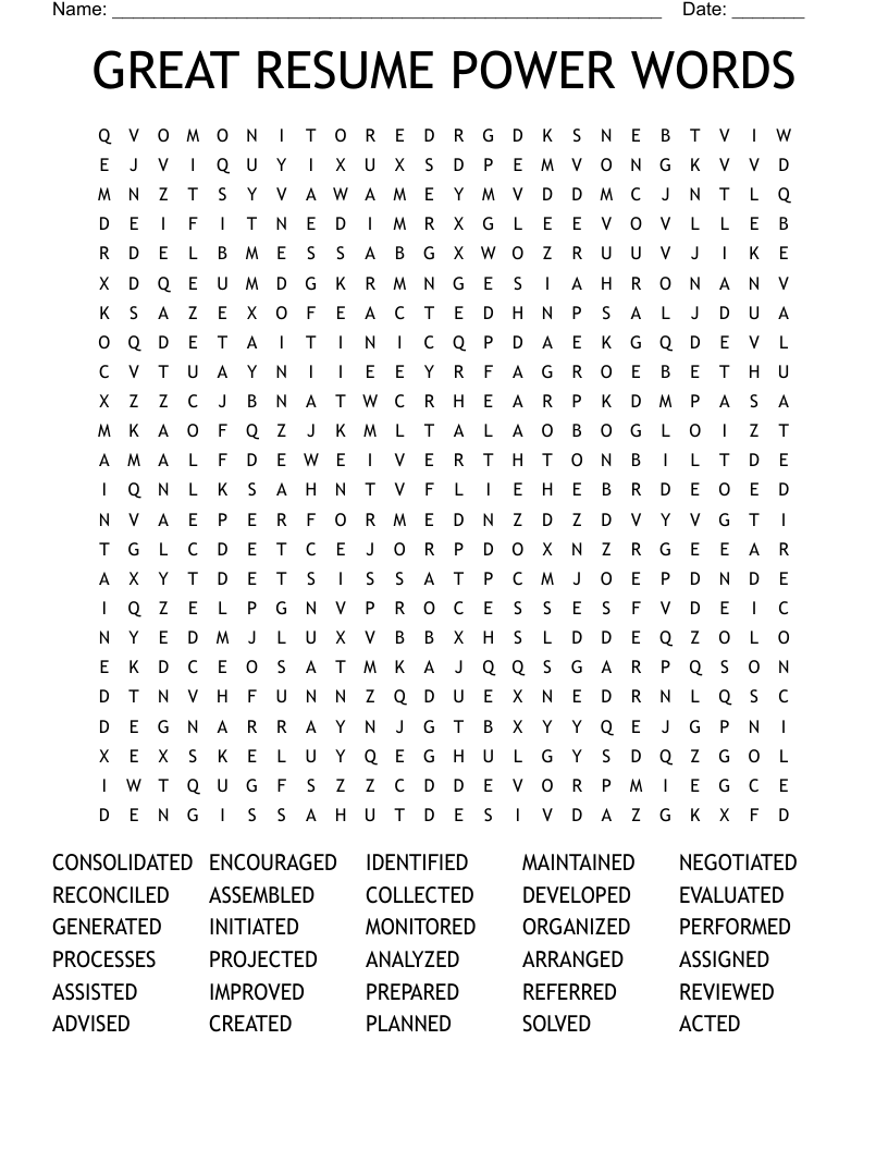 GREAT RESUME POWER WORDS Word Search