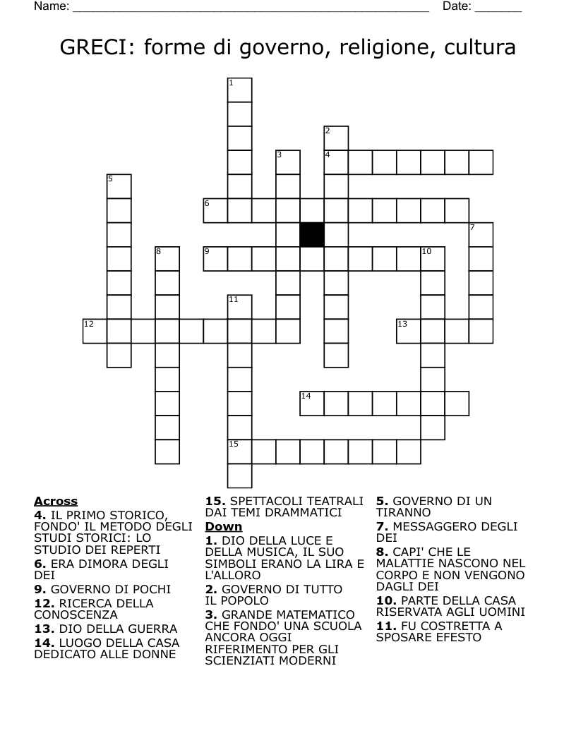GRECI: forme di governo, religione, cultura Crossword