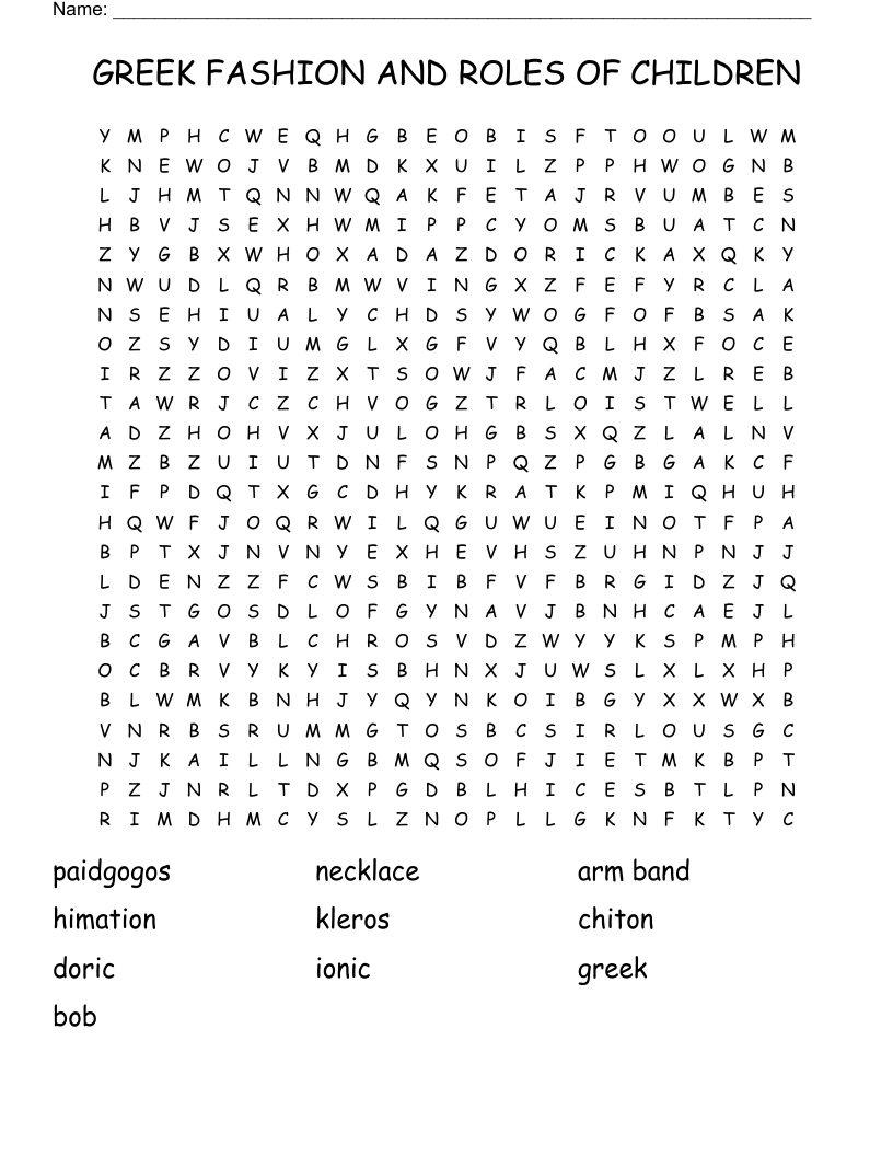 GREEK FASHION AND ROLES OF CHILDREN Word Search