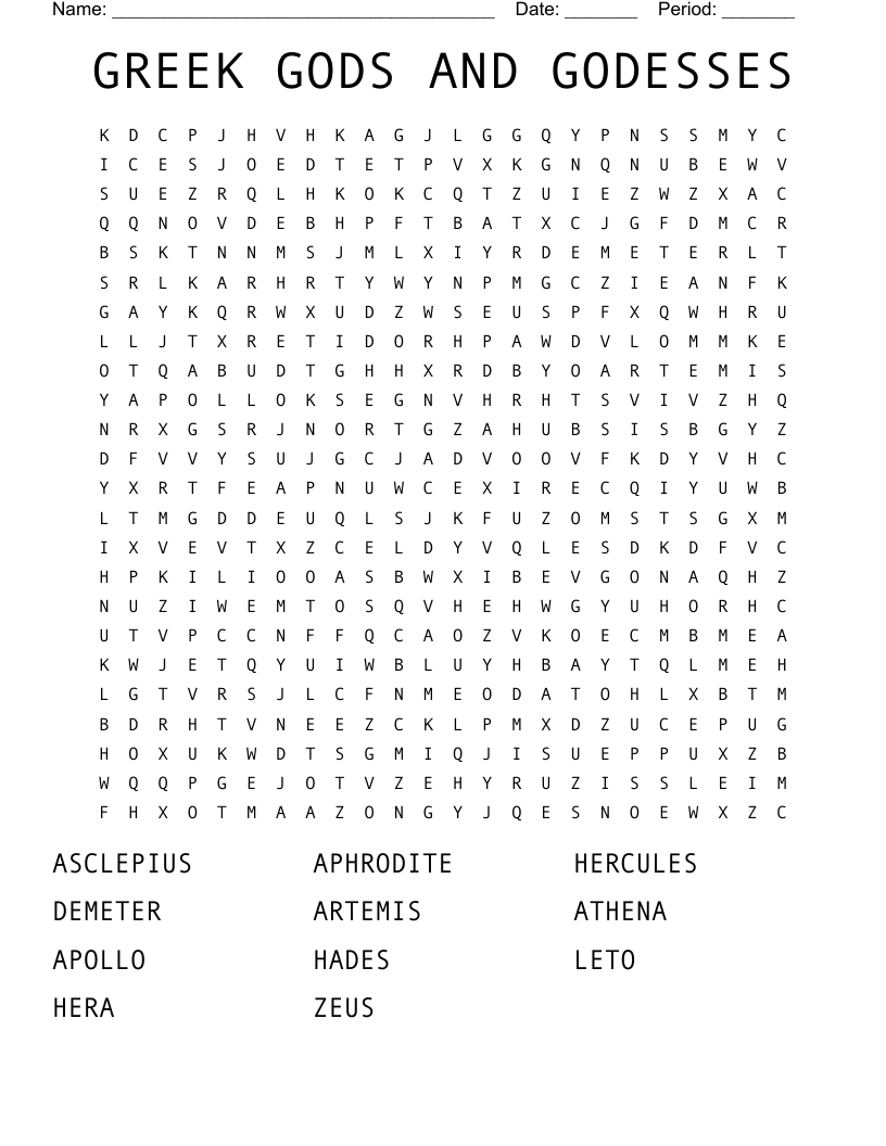 GREEK GODS AND GODESSES Word Search