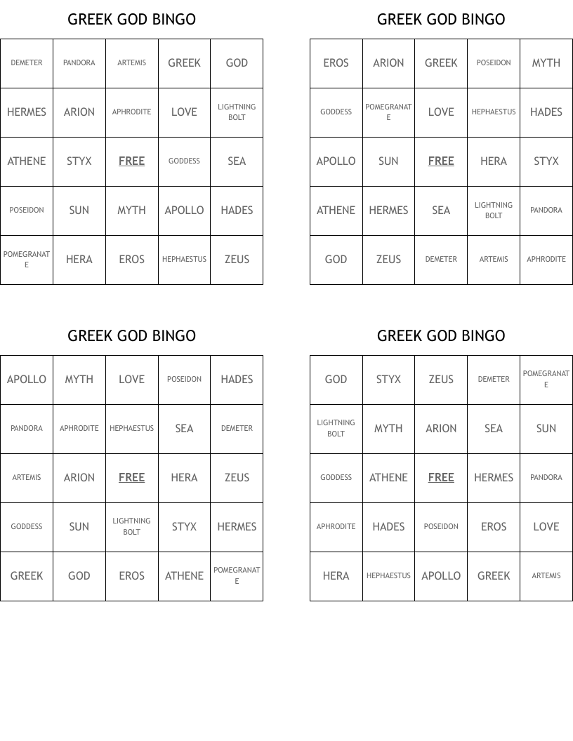 GREEK GOD BINGO