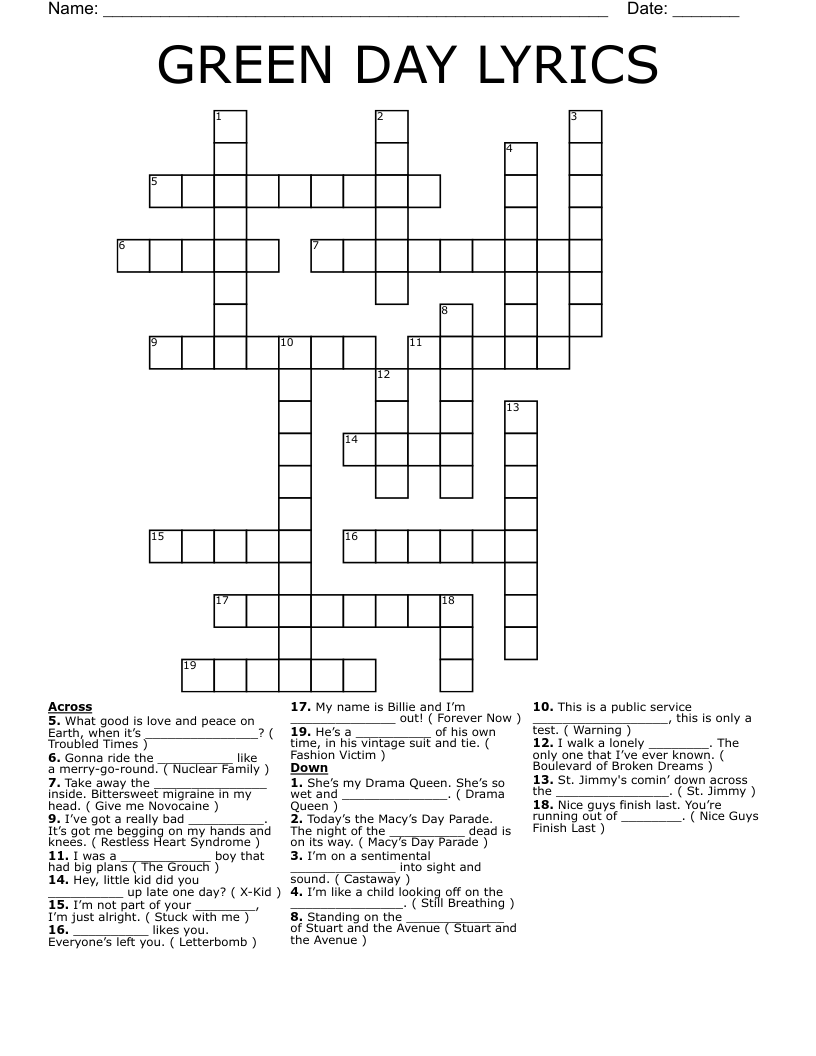 GREEN DAY LYRICS Crossword