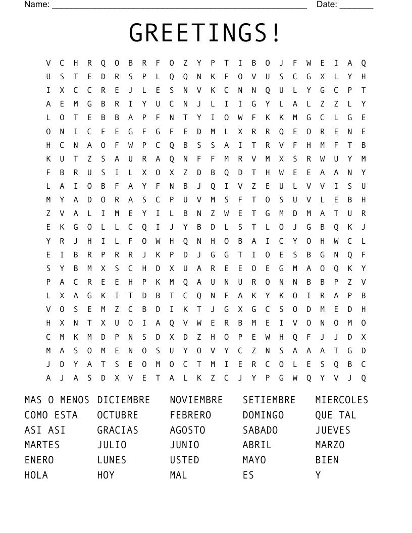 GREETINGS! Word Search