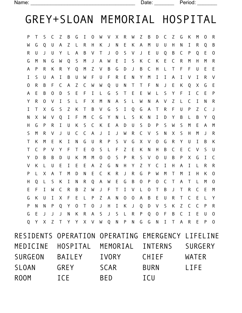 GREY+SLOAN MEMORIAL HOSPITAL Word Search