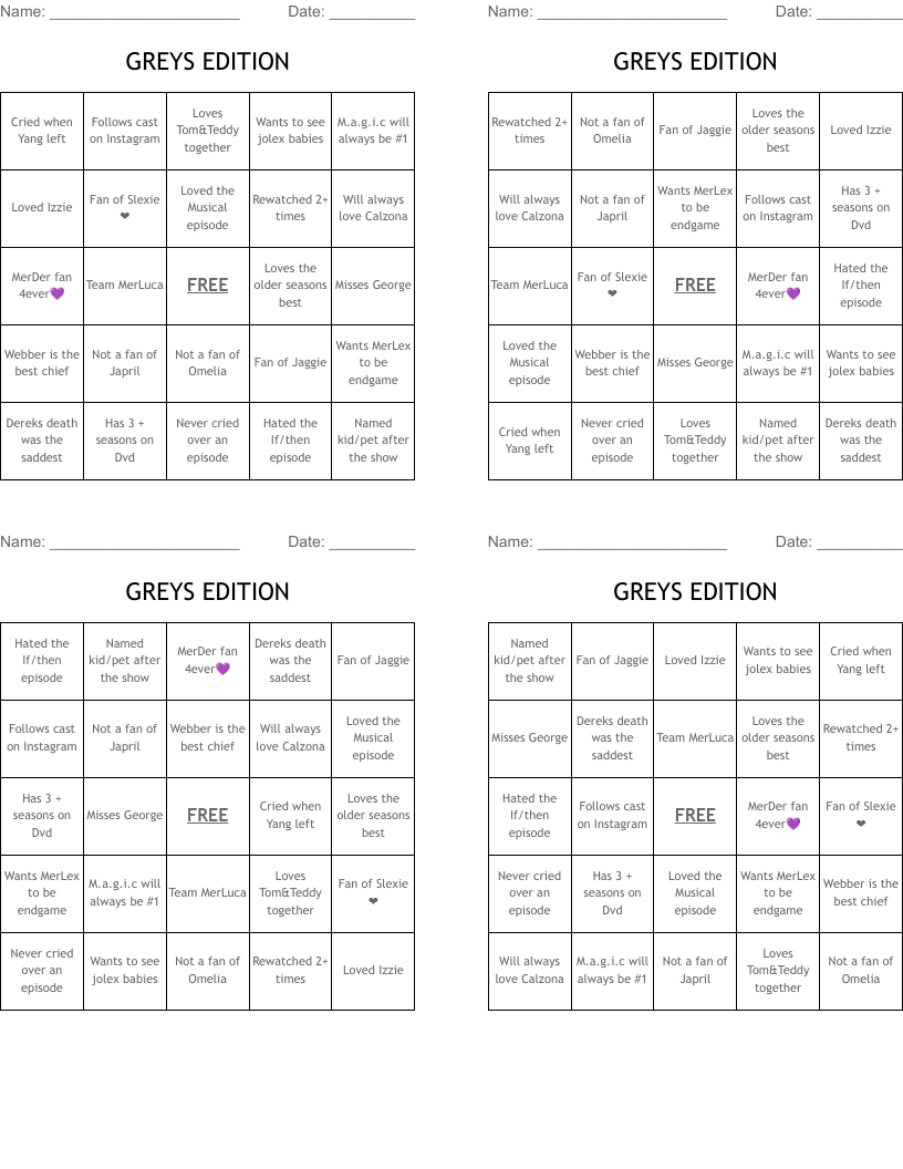GREYS EDITION Bingo Cards