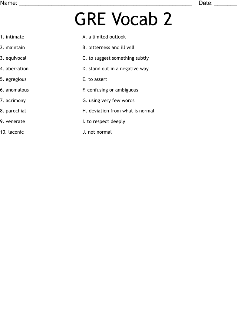 GRE Vocab 2 Worksheet