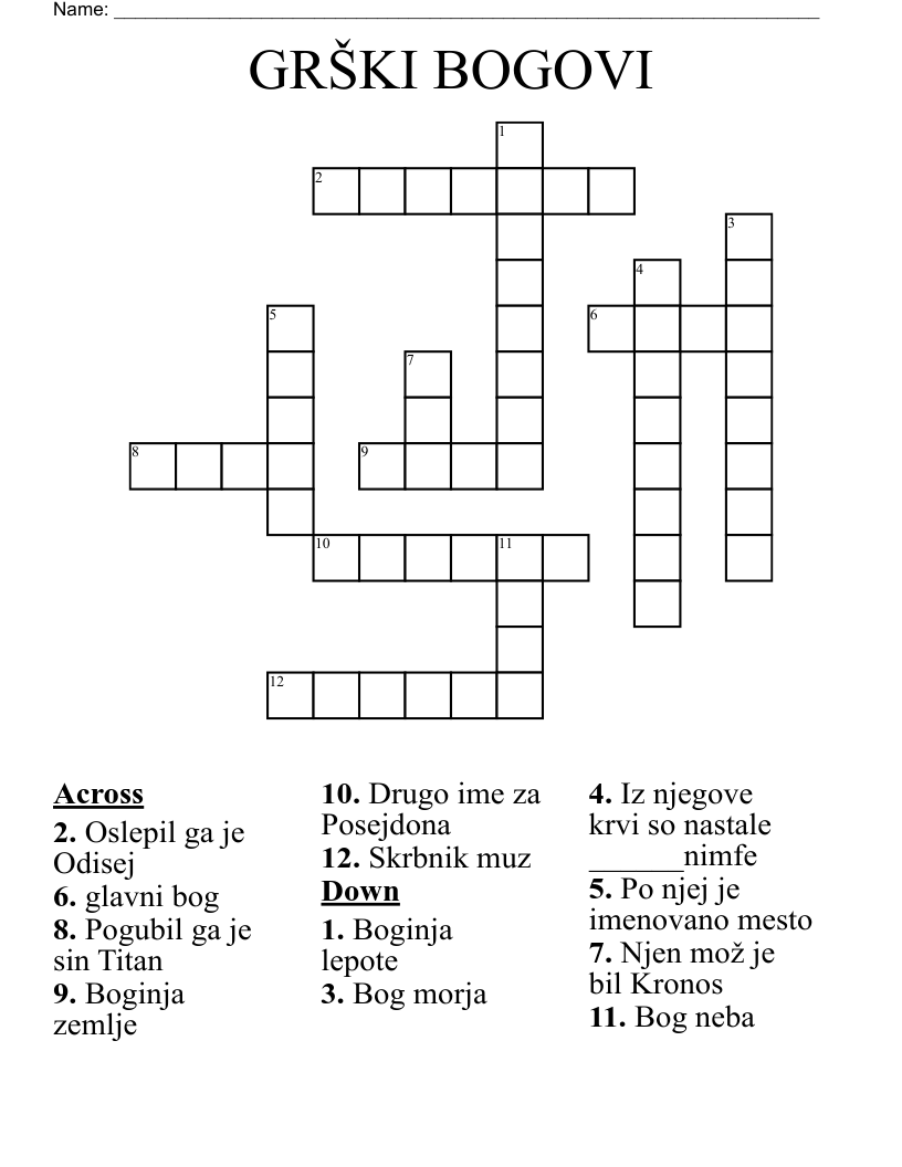 GRŠKI BOGOVI Crossword