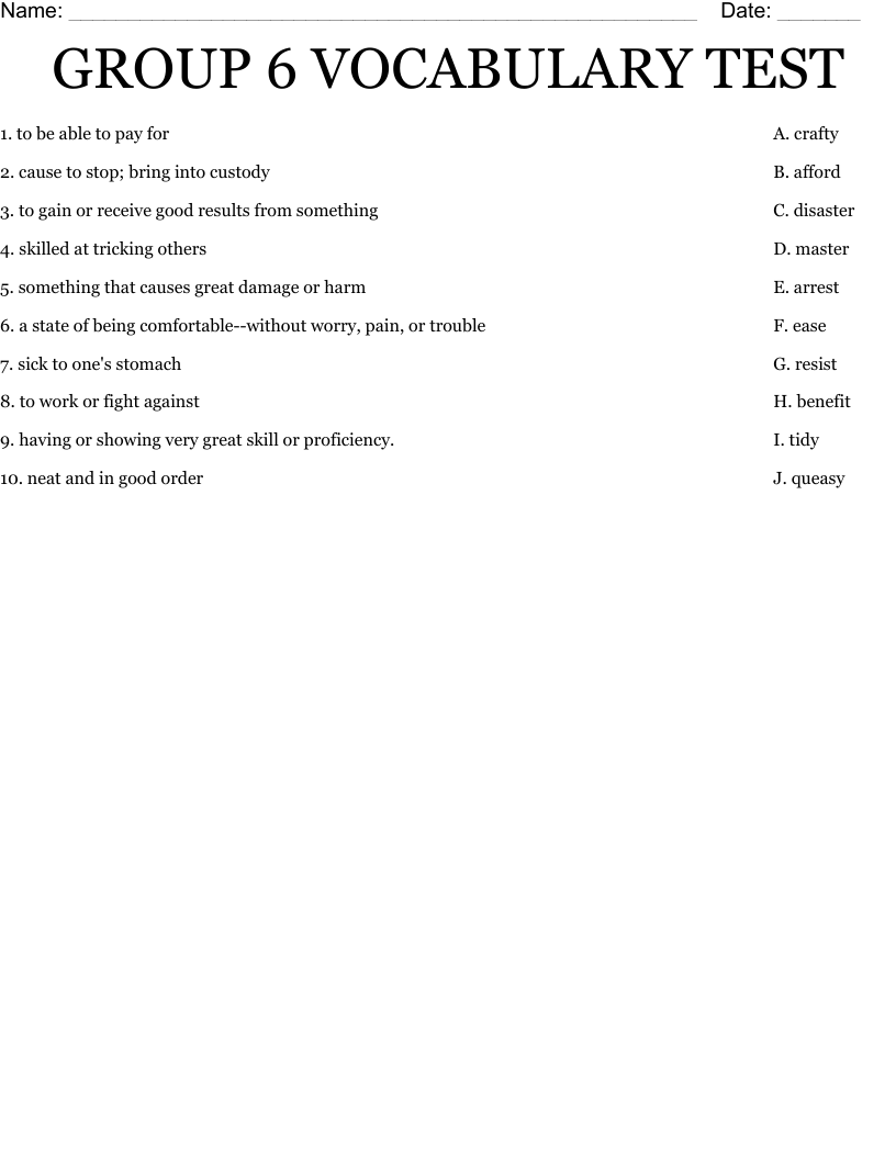 GROUP 6 VOCABULARY TEST  Worksheet