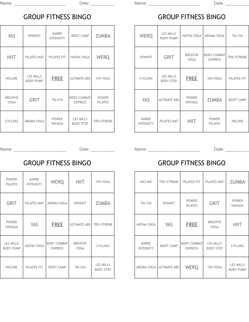GROUP FITNESS BINGO