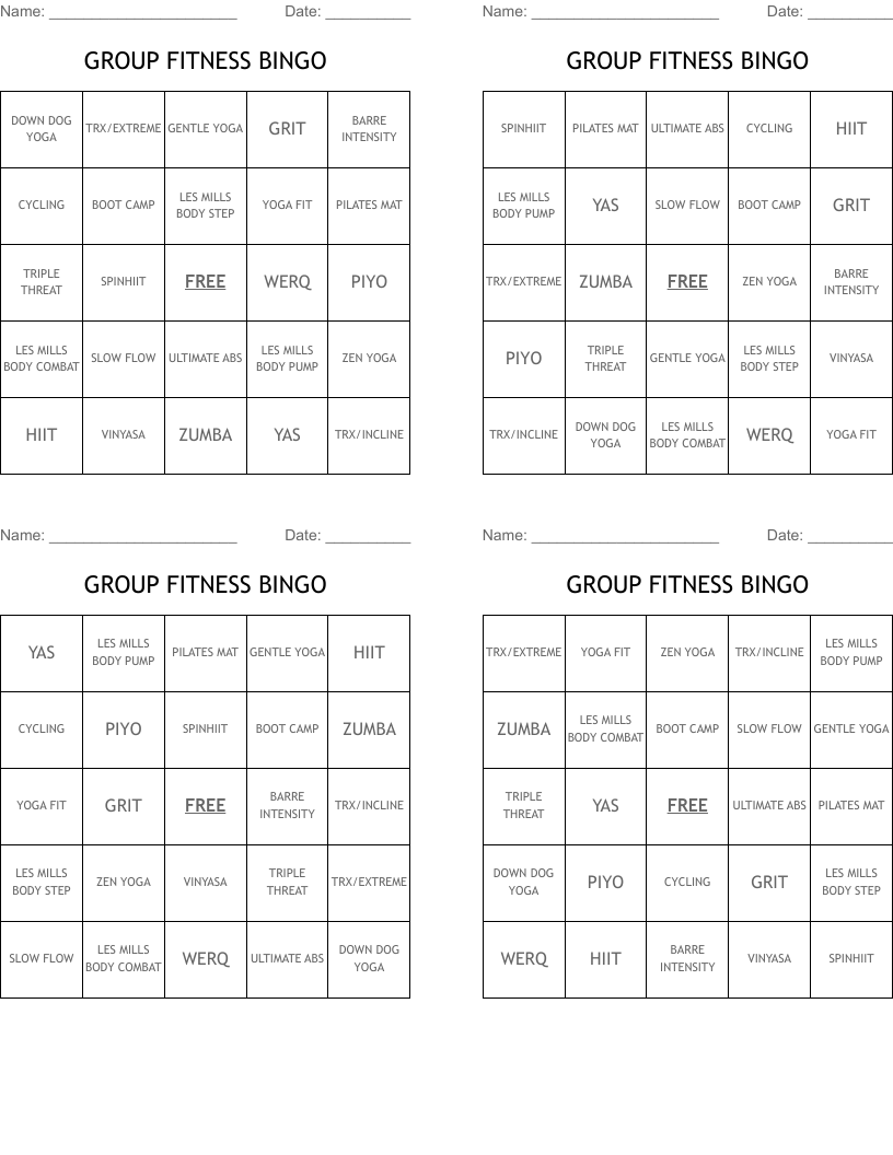 GROUP FITNESS BINGO 