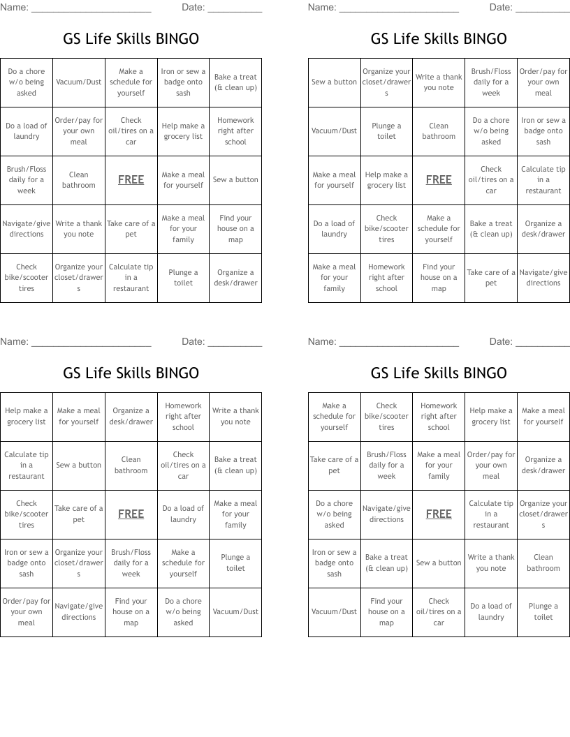 GS Life Skills BINGO
