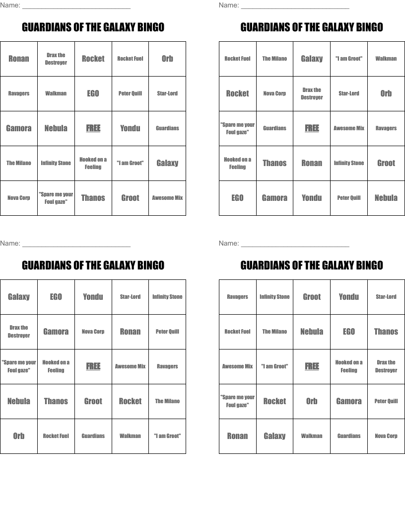 GUARDIANS OF THE GALAXY BINGO