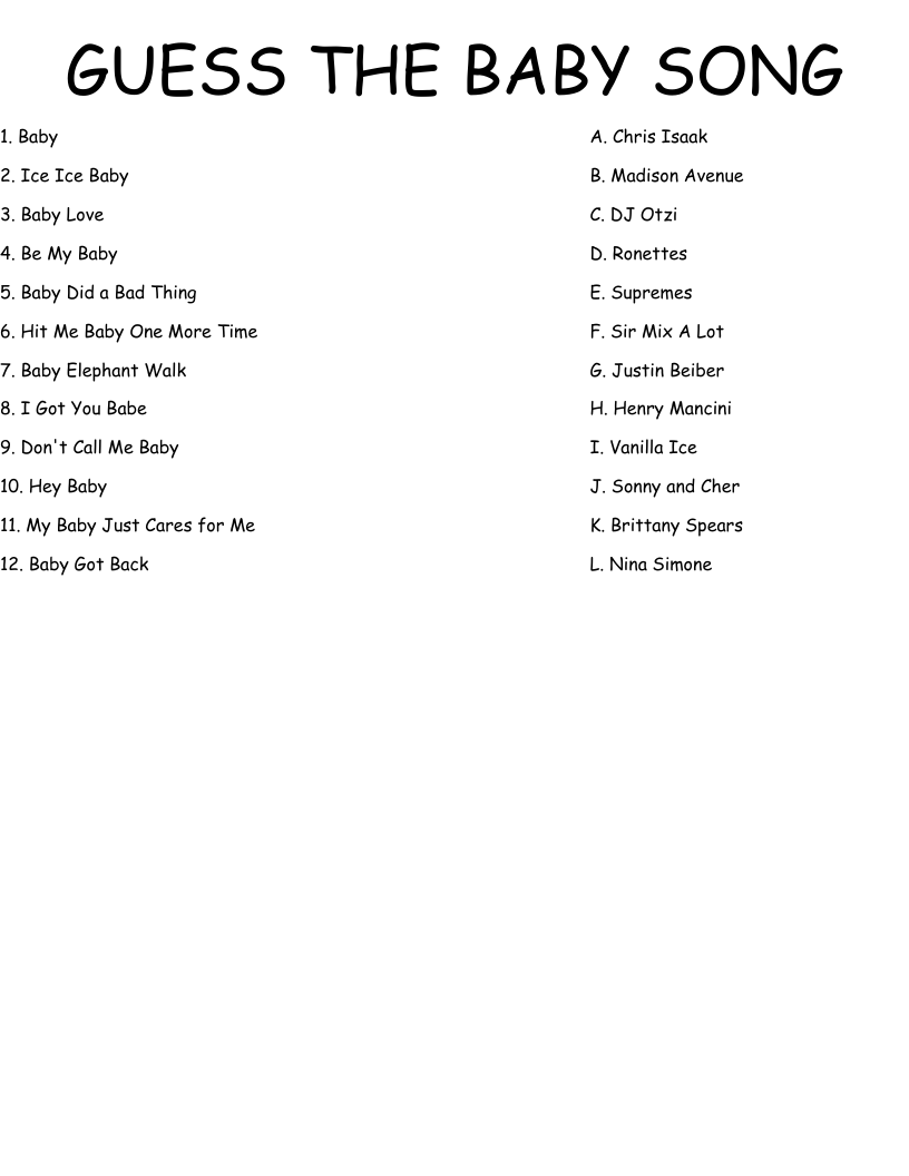 GUESS THE BABY SONG Worksheet