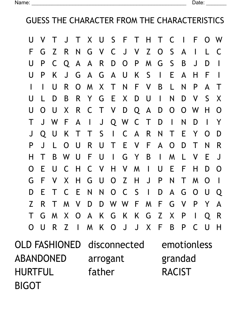 GUESS THE CHARACTER FROM THE CHARACTERISTICS Word Search