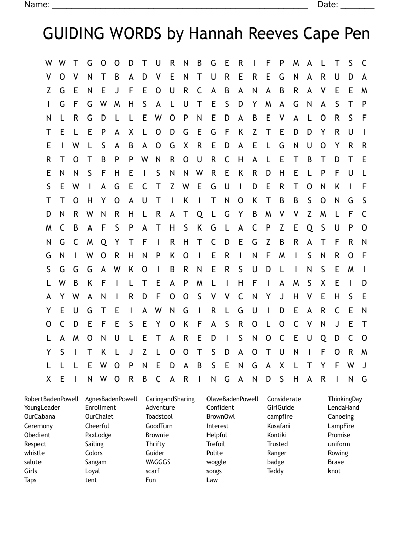 GUIDING WORDS by Hannah Reeves Cape Pen Word Search