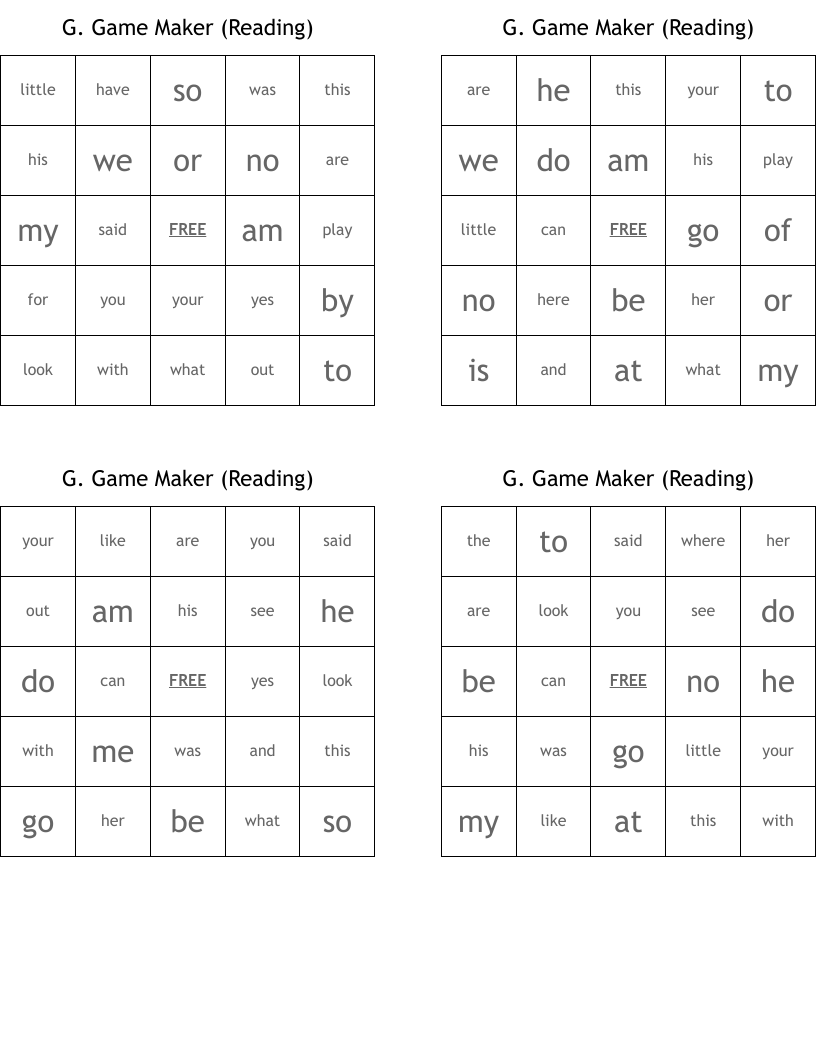 G. Game Maker (Reading) Bingo Cards