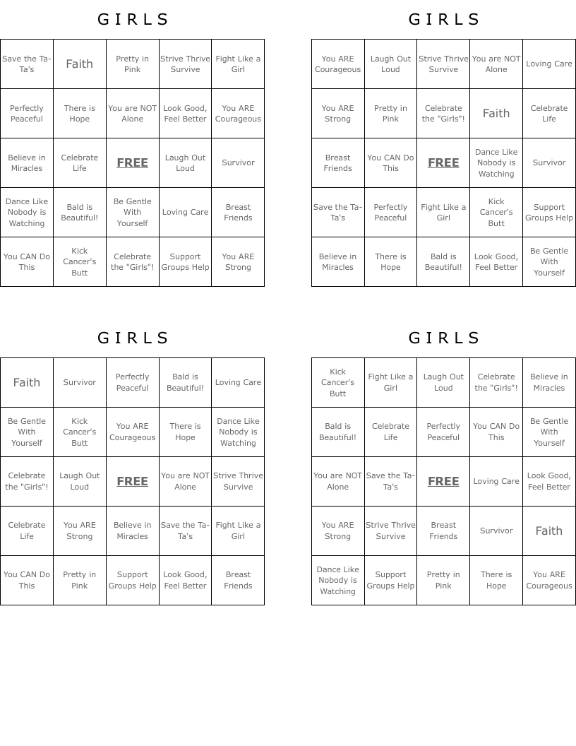 G     I    R    L    S Bingo Cards