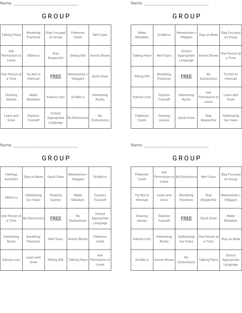 G          R           O               U               P   Bingo Cards