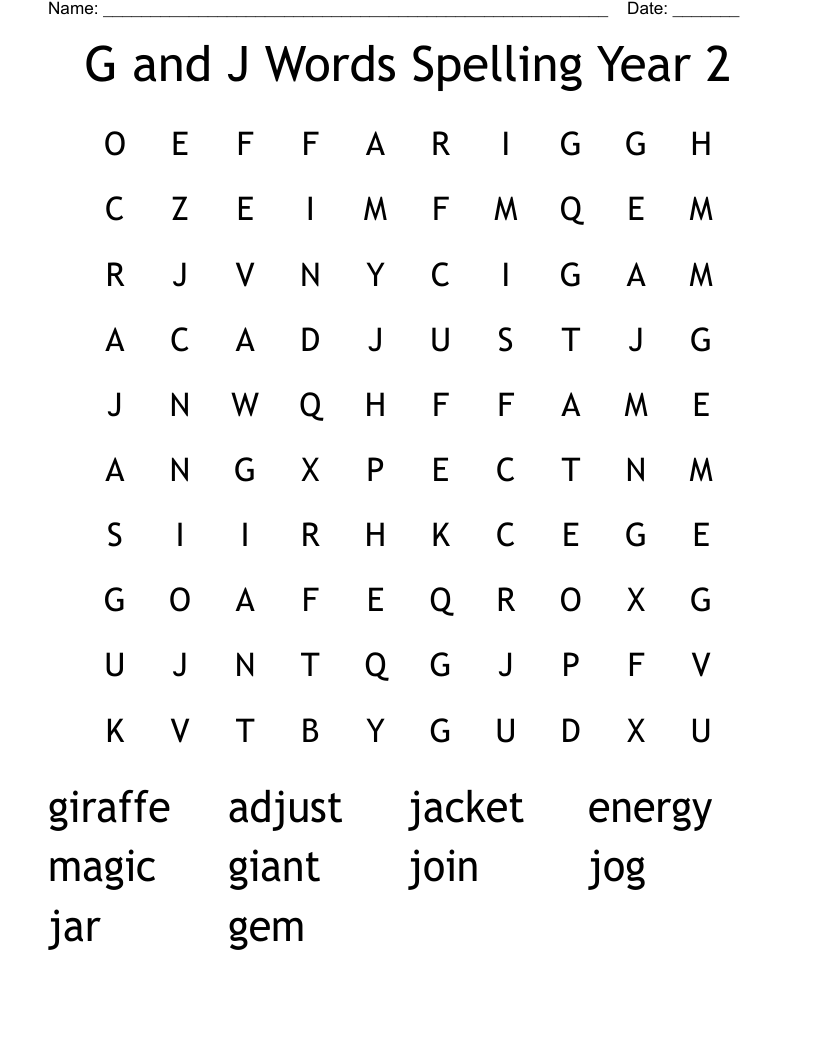 G and J Words Spelling Year 2 Word Search