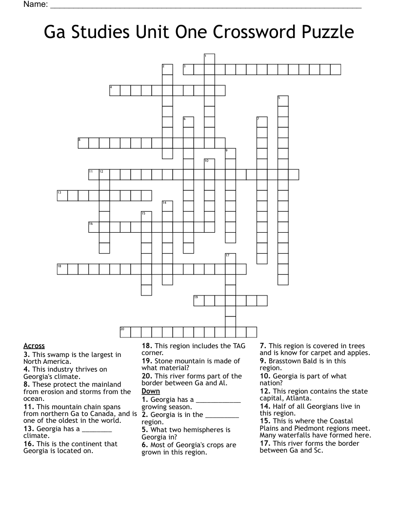 Ga Studies Unit One Crossword Puzzle 