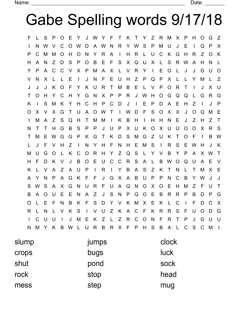 Gabe Spelling words 9/17/18 Word Search