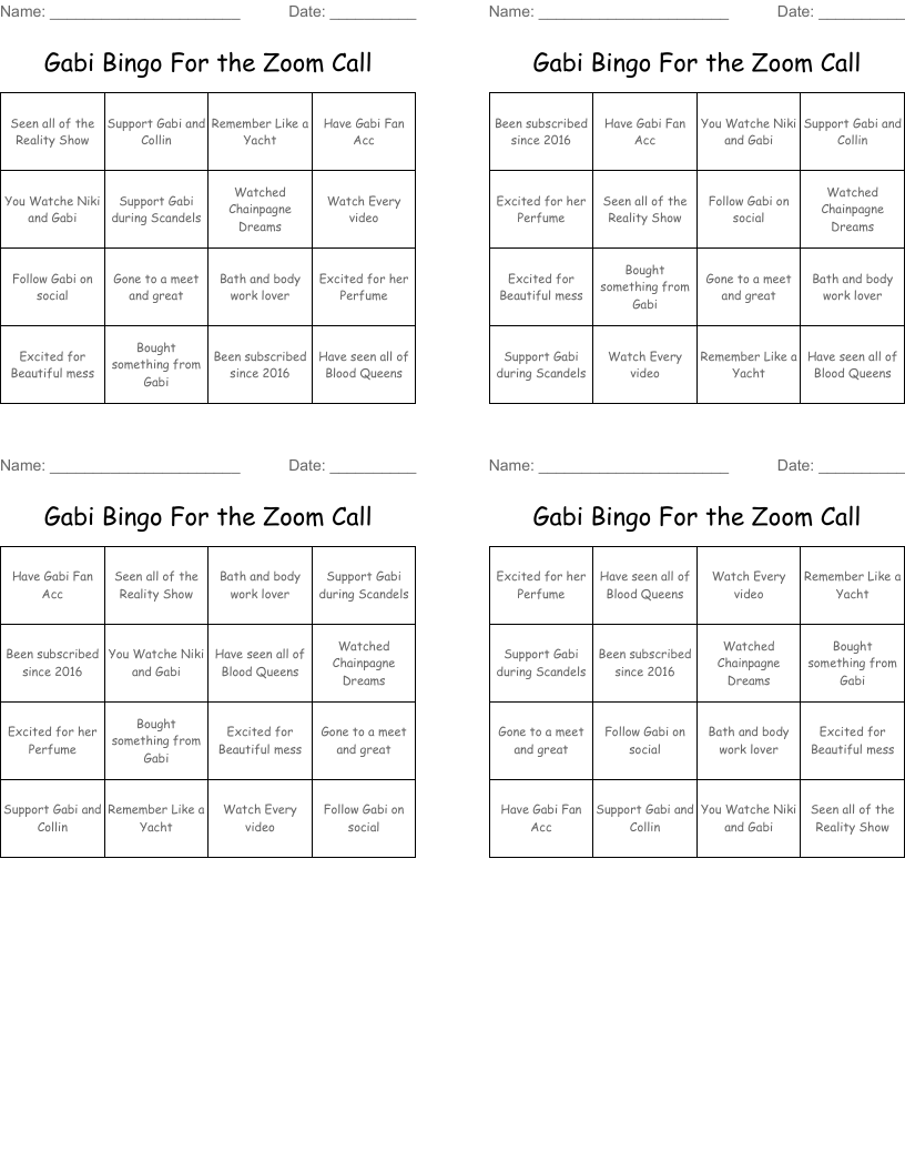 Gabi Bingo For the Zoom Call