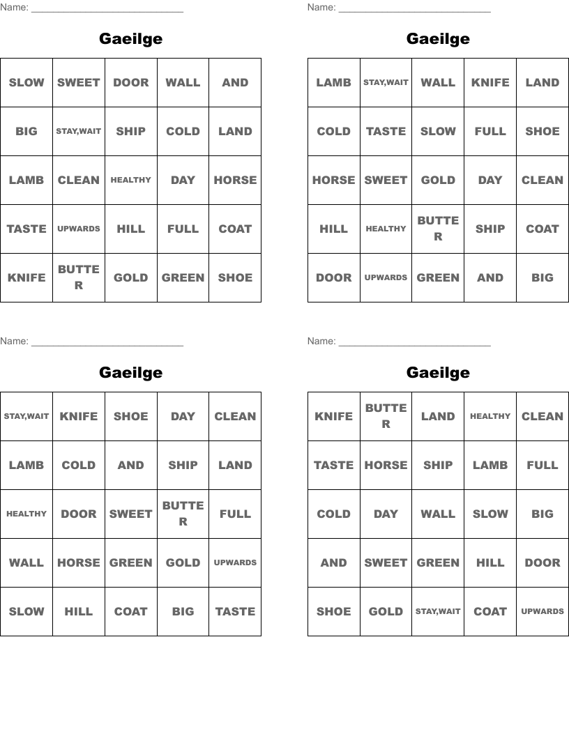 Gaeilge Bingo Cards