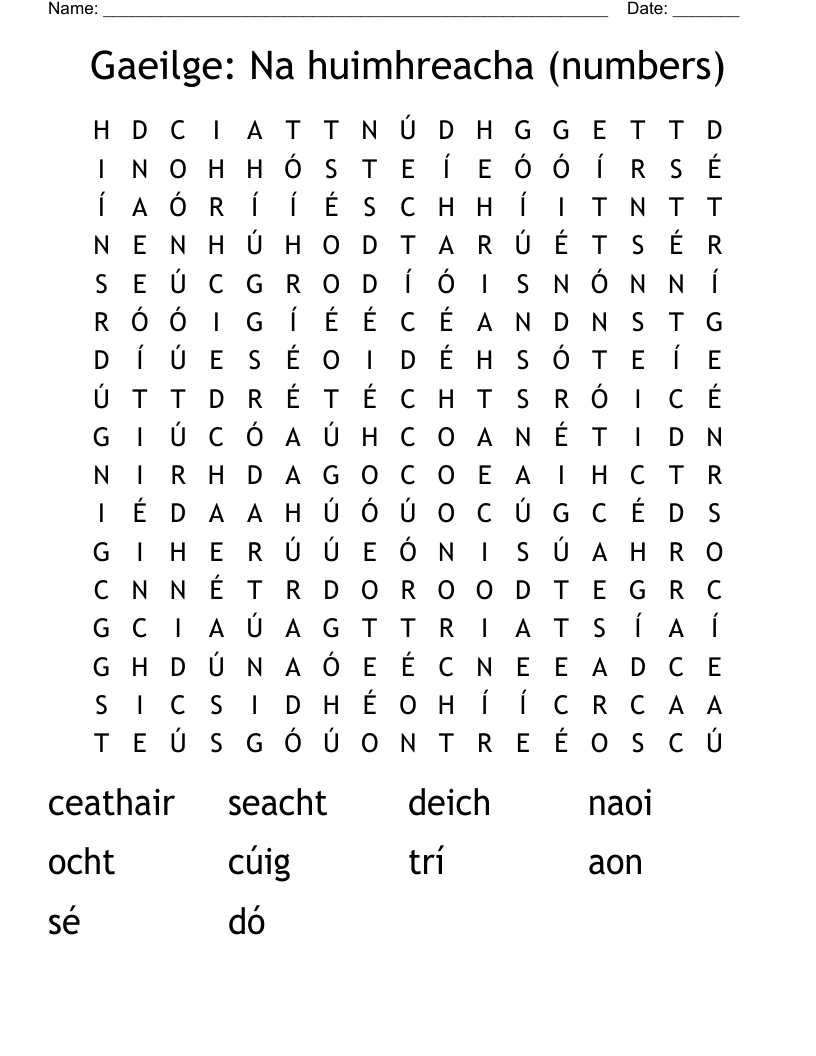 Gaeilge:  Na huimhreacha (numbers) Word Search