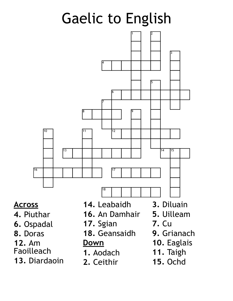 Gaelic to English Crossword