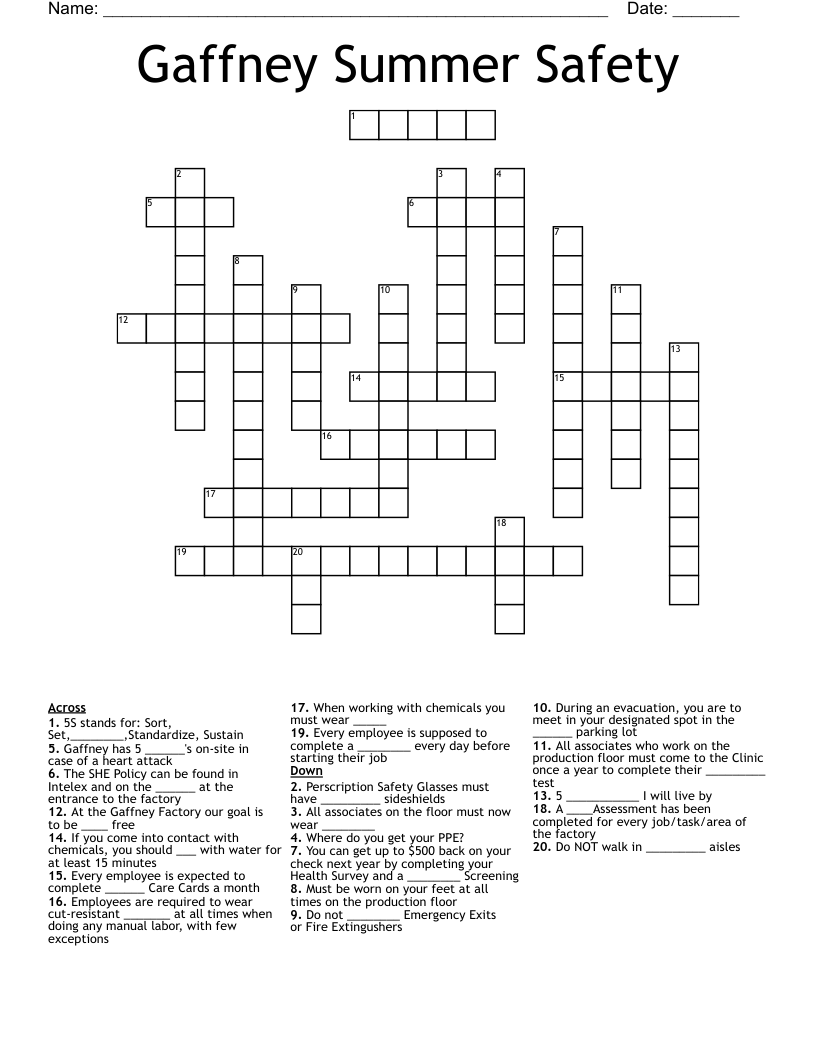 Gaffney Summer Safety Crossword