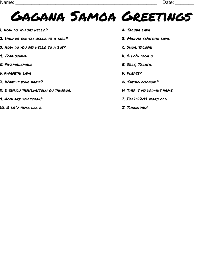 Gagana Samoa Greetings Worksheet