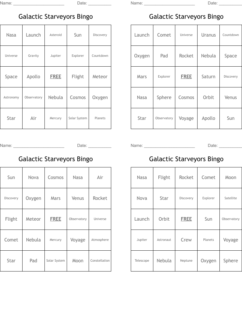 Galactic Starveyors Bingo