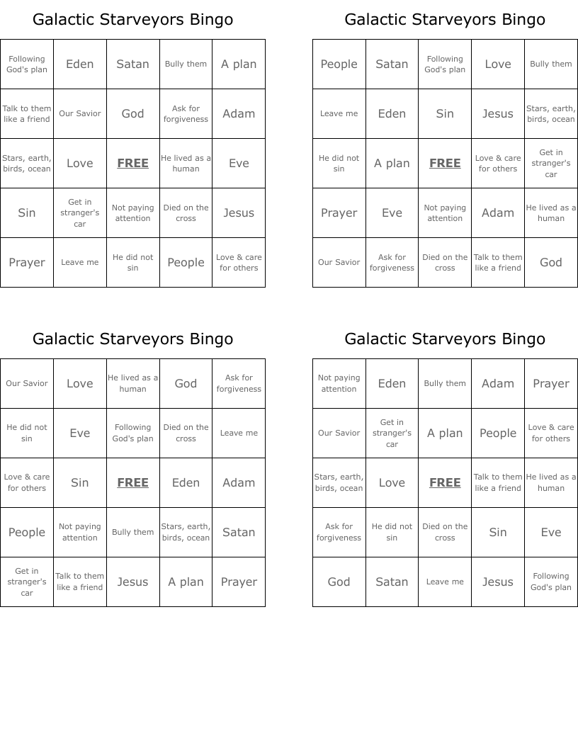 Galactic Starveyors Bingo