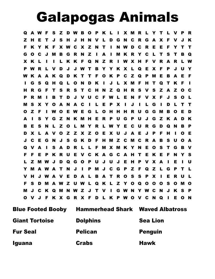 Galapogas Animals Word Search