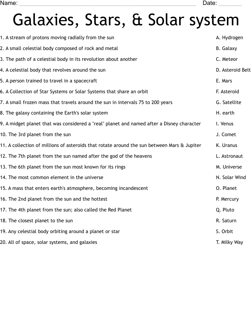 Galaxies, Stars, & Solar system Worksheet