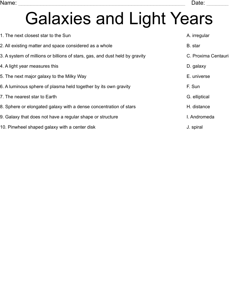 Galaxies and Light Years Worksheet