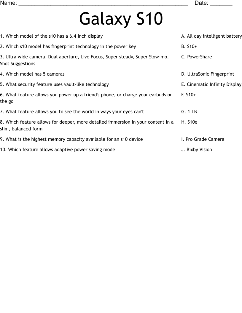 Galaxy S10 Worksheet