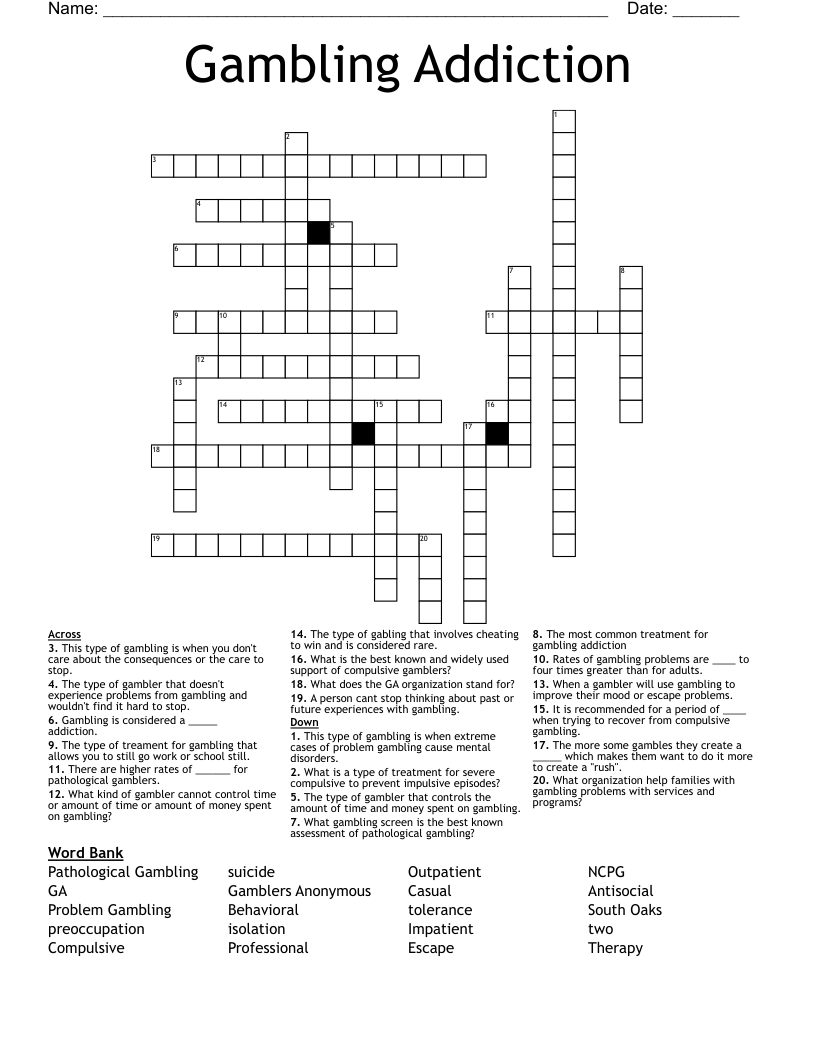 Gambling Addiction Crossword
