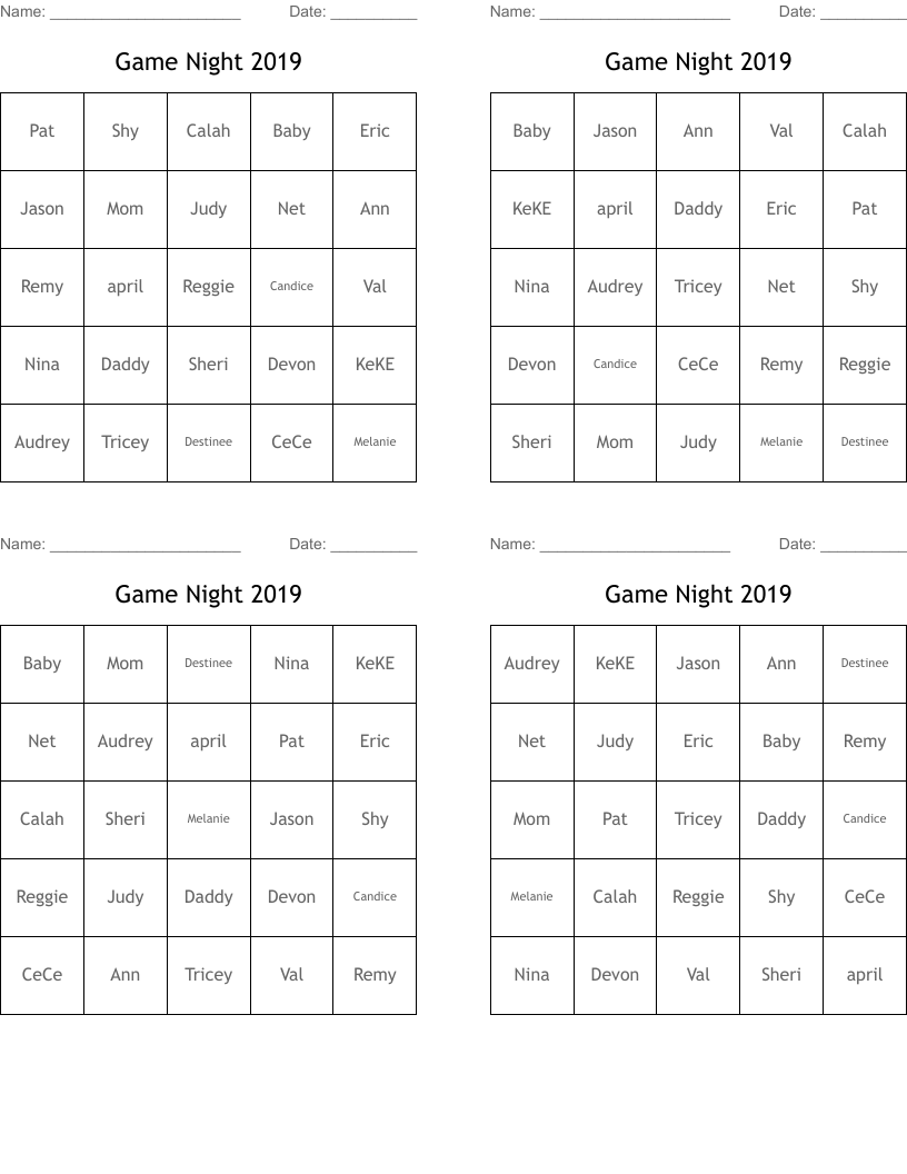 Game Night 2019 Bingo Cards