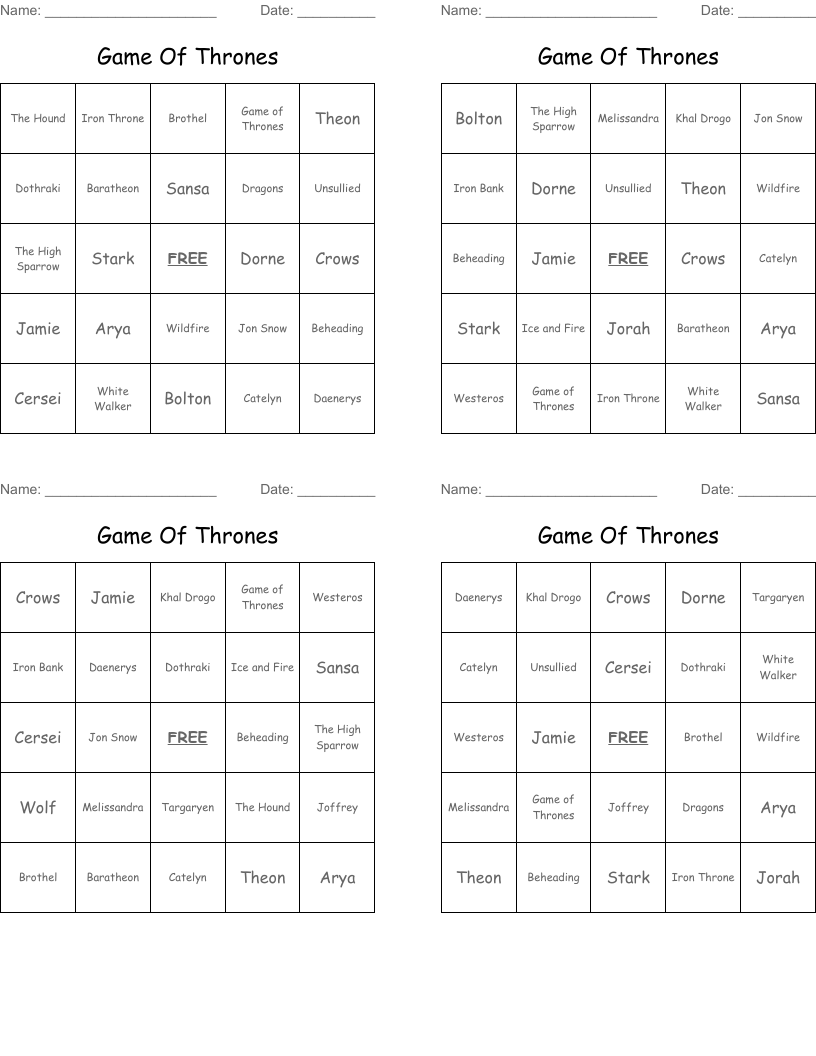 Game Of Thrones Bingo Cards