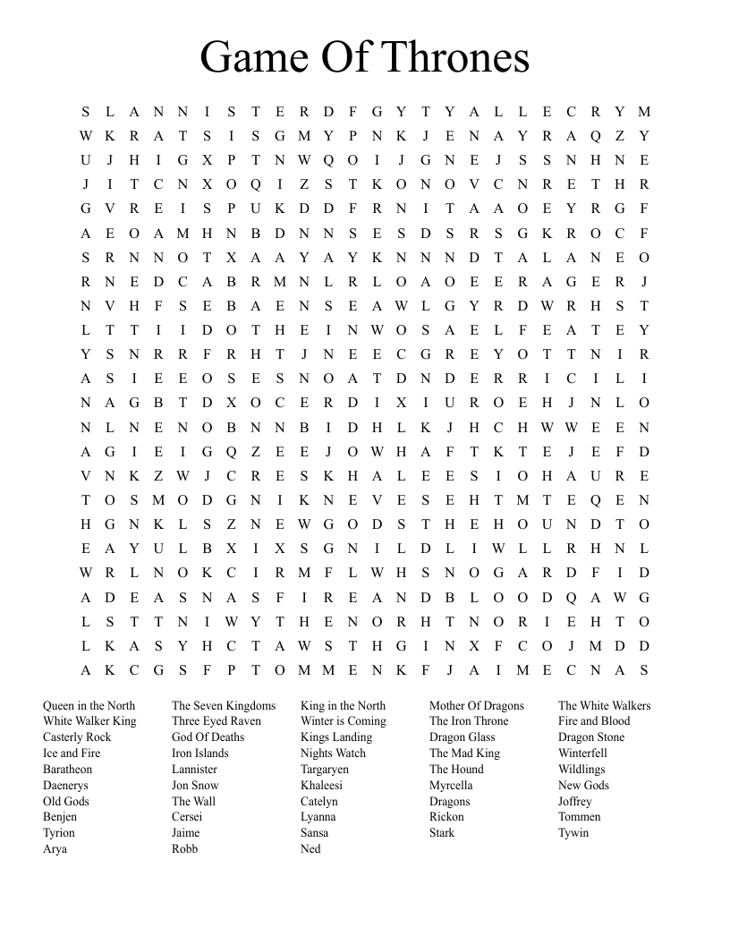 Game Of Thrones Word Search