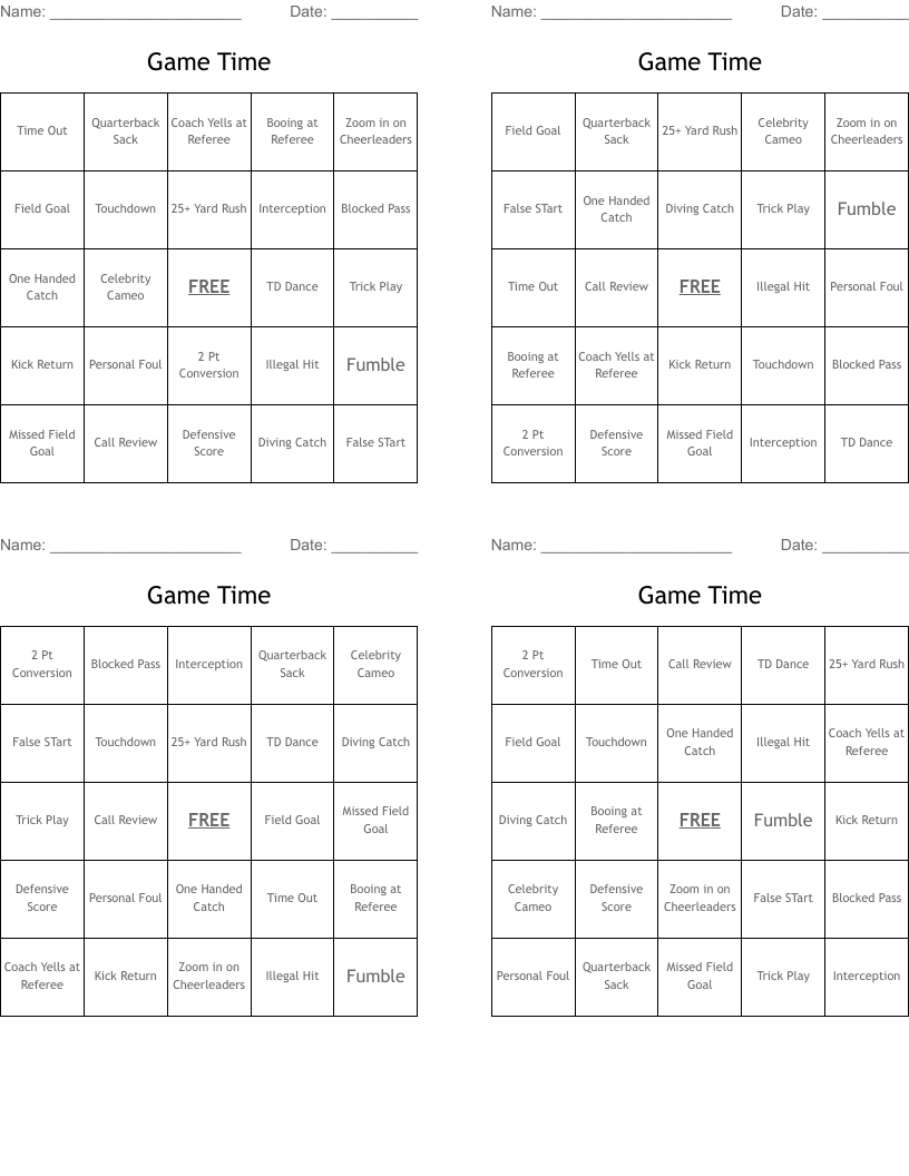 Game Time Bingo Cards